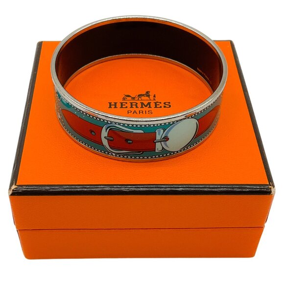HERMES Wide Blue Enamel American Indian Pattern Bangle Bracelet Hermes Blue Belt Motif Enamel Gold Plated Wide Bangle Bracelet